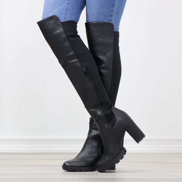 Black Faux Leather Round Toe Thigh High Over The Knee Lug Block Heel Boots - Picture 10 of 15